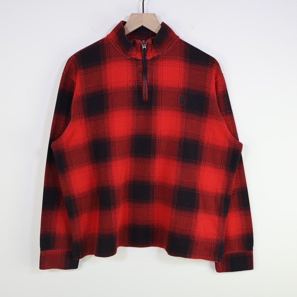 Polo Ralph Lauren Estate Rib Buffalo‎ Plaid Quarter Zip Pullover Large Red Black